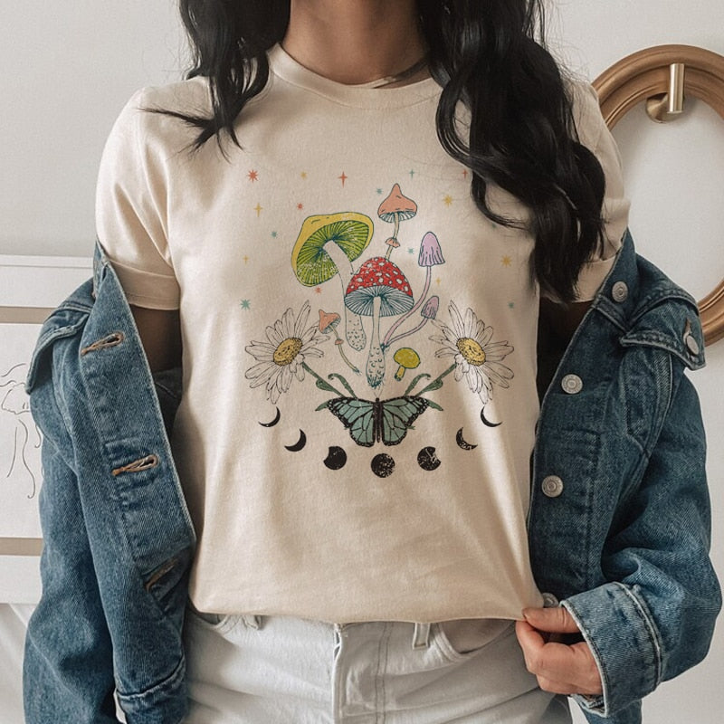 Retro Mushroom Print Oversized T-Shirt: Egirl Aesthetic meets Vintage Streetwear Chic