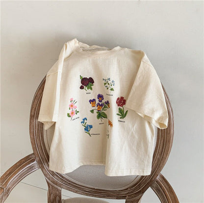 2024 Summer Girls T-shirt Short-sleeve Tops for Kids Cartoon Beige Color