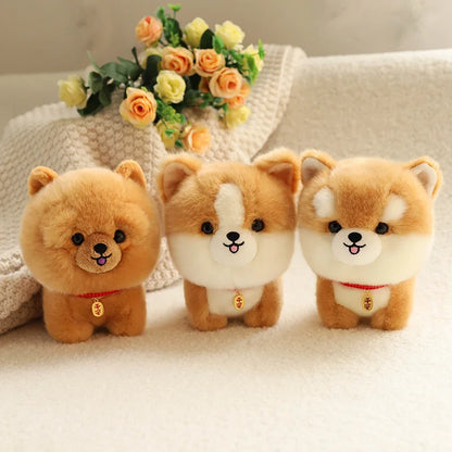 Cute plush toy featuring a furry corgi dog with a big head, embodying the charm of various lifelike animals like Shiba Inu, ChowChow, Yorkshire, Bichon, and Husky.