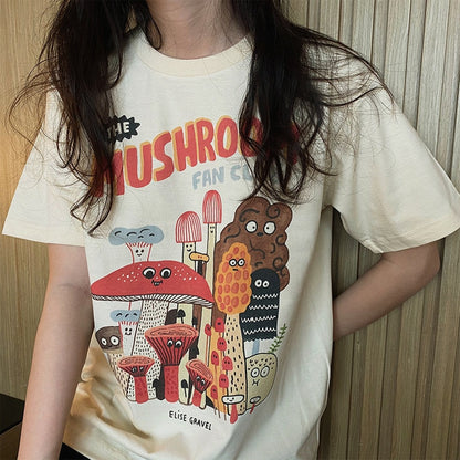 Retro Apricot Mushroom Cute T-Shirts: Casual Summer Woman Tshirts