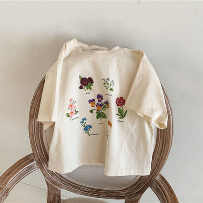 2024 Summer Girls T-shirt Short-sleeve Tops for Kids Cartoon Beige Color