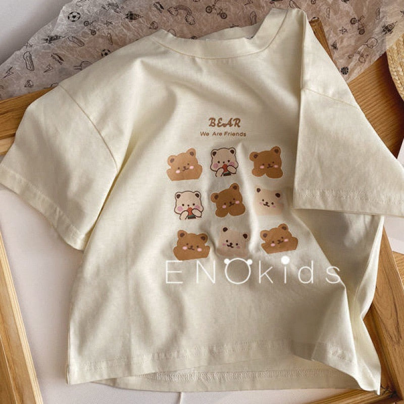 2024 Summer Girls T-shirt Short-sleeve Tops for Kids Cartoon Beige Color
