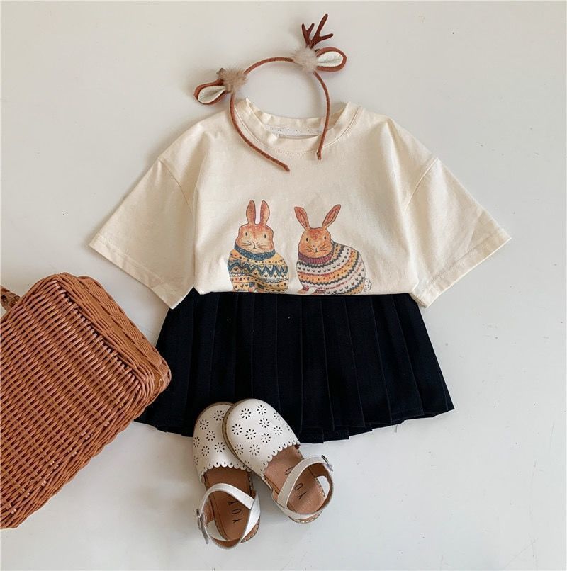2024 Summer Girls T-shirt Short-sleeve Tops for Kids Cartoon Beige Color