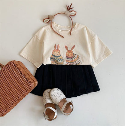 2024 Summer Girls T-shirt Short-sleeve Tops for Kids Cartoon Beige Color