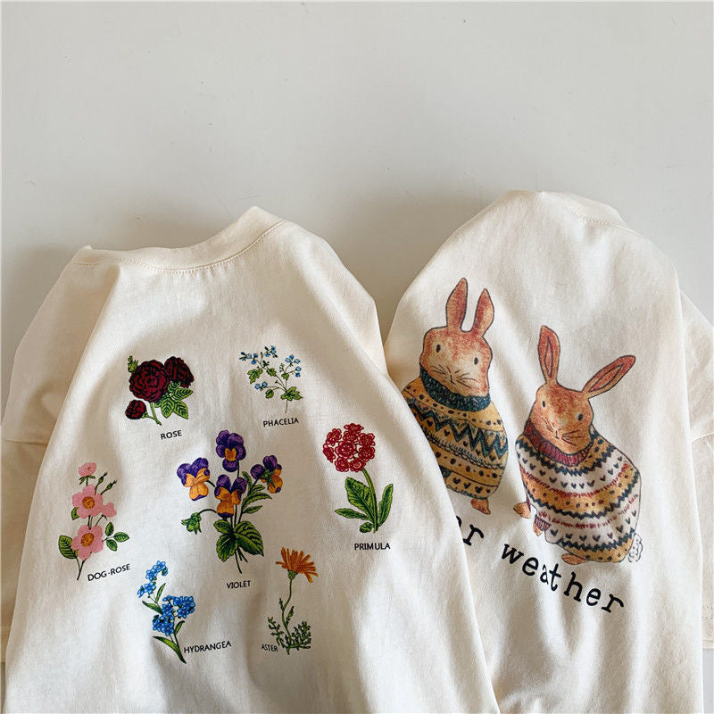 2024 Summer Girls T-shirt Short-sleeve Tops for Kids Cartoon Beige Color