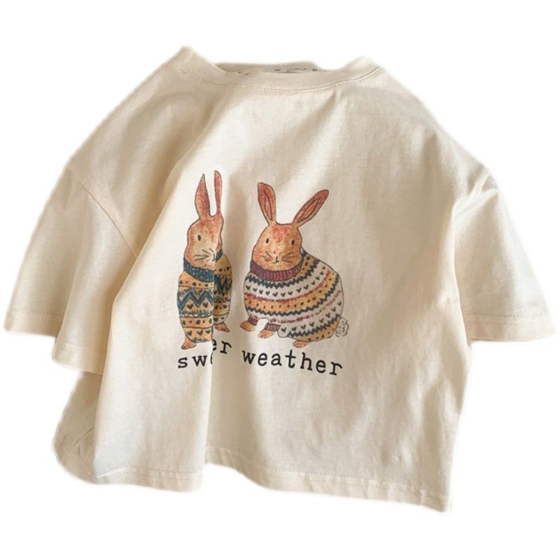 2024 Summer Girls T-shirt Short-sleeve Tops for Kids Cartoon Beige Color