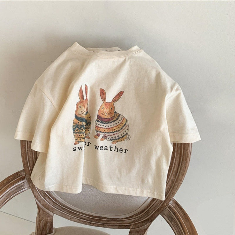 2024 Summer Girls T-shirt Short-sleeve Tops for Kids Cartoon Beige Color