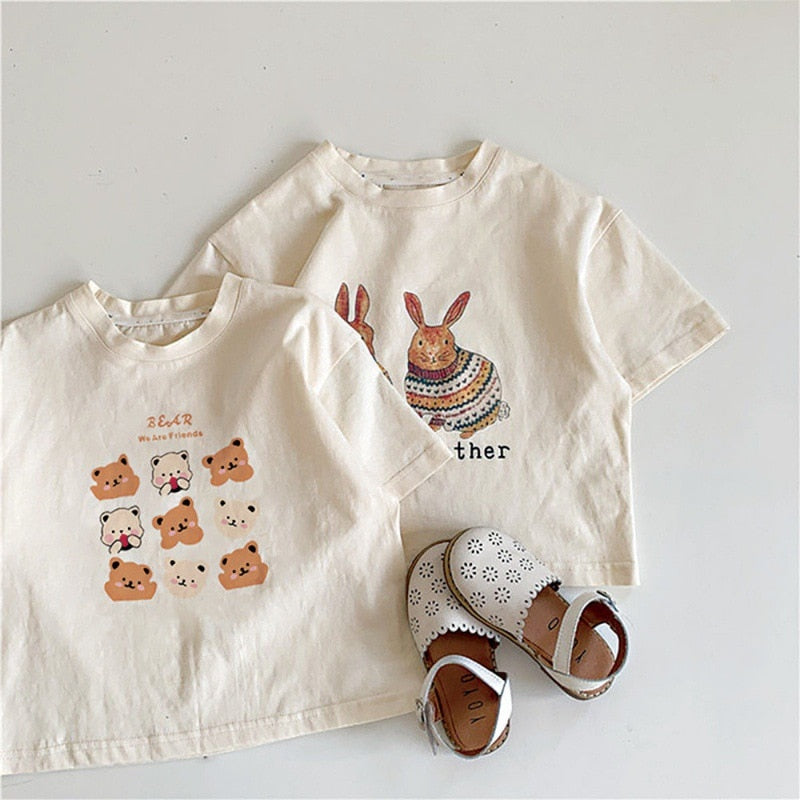 2024 Summer Girls T-shirt Short-sleeve Tops for Kids Cartoon Beige Color
