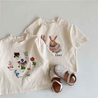 2024 Summer Girls T-shirt Short-sleeve Tops for Kids Cartoon Beige Color