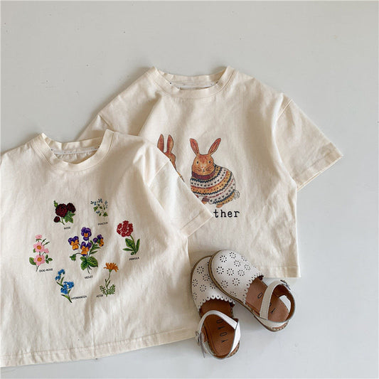 2024 Summer Girls T-shirt Short-sleeve Tops for Kids Cartoon Beige Color